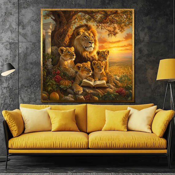Lion Father Reading Bedtime Stories To His Cubs At Sunset Poster