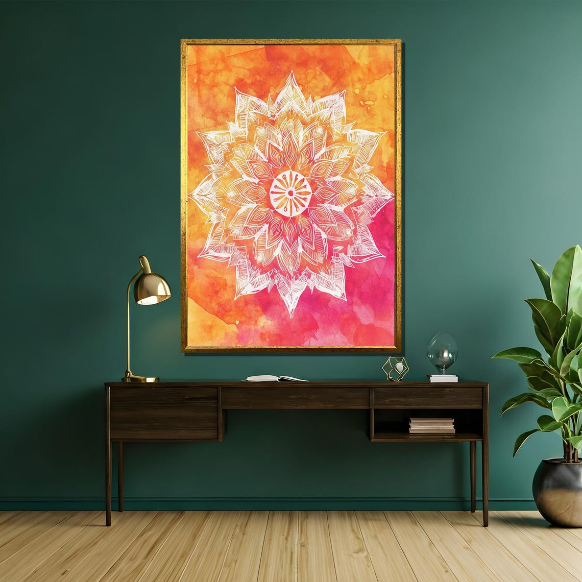 White Mandala Flower on Orange Pink Watercolor Sunset Art Poster - Image 5