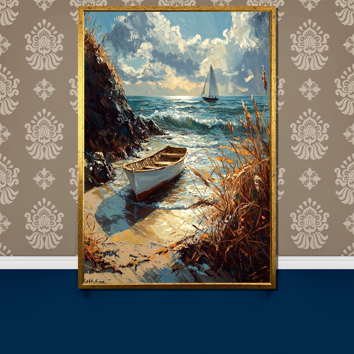 Rustic Rowboat by Ocean Shore, Nautical Wall Art Print