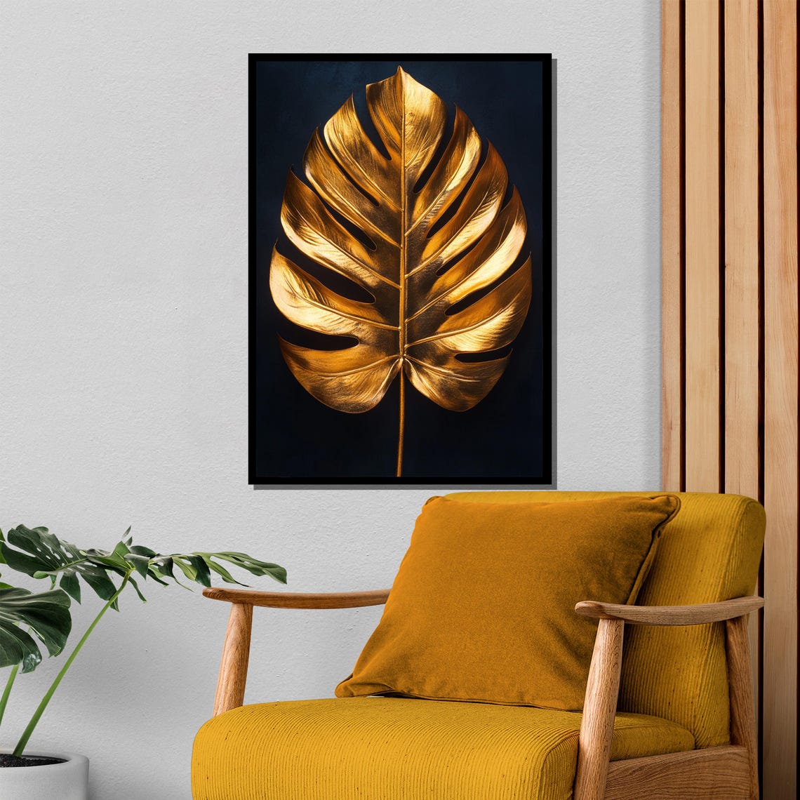 Golden Monstera Leaf on a Black Glamorous Botanical Art Poster - Image 4