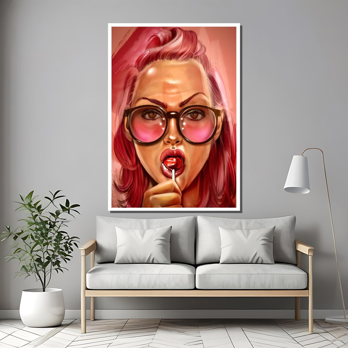 Pink Hair Sunglasses Lollipop Pop Art Woman Beauty Elegant Poster - Image 2