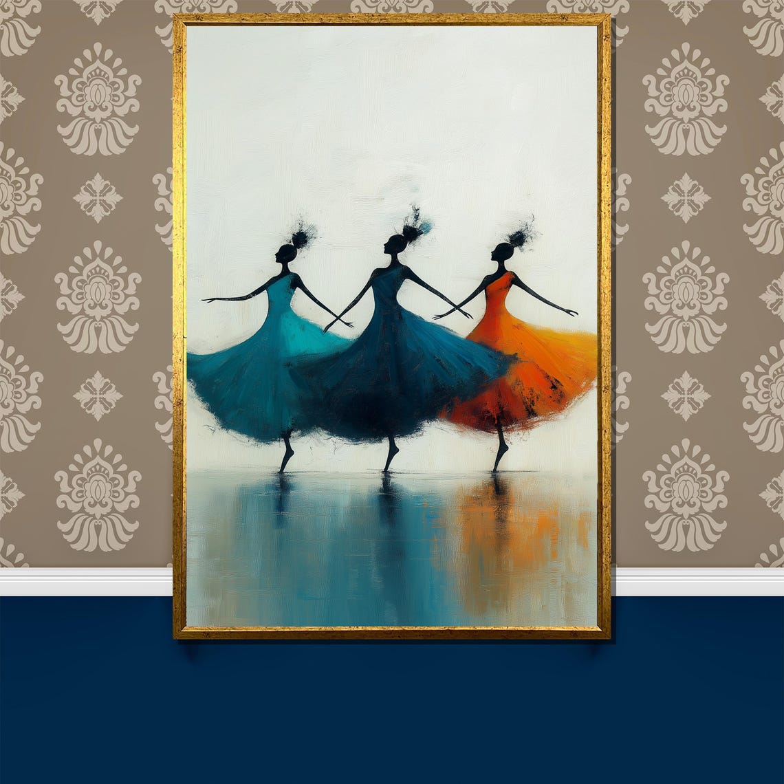 Three Dancers in Teal Orange Dresses Elegant Dance Art Poster