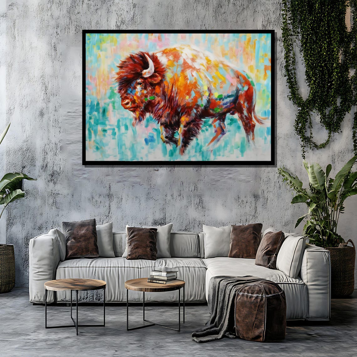 Colorful Impressionist Bison Painting on Turquoise Art Poster - Image 4
