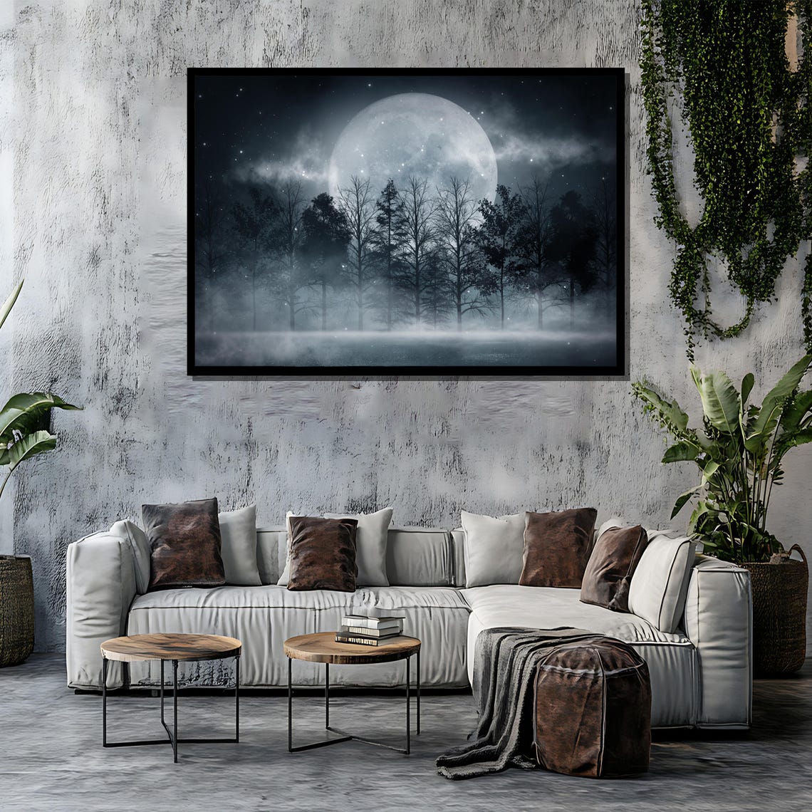Enchanted Full Moon Painting Mysterious Forest Gift With Misty Night Sky Starry Glow And Silhouetted Trees For Eerie Wall Art Decor - Image 4