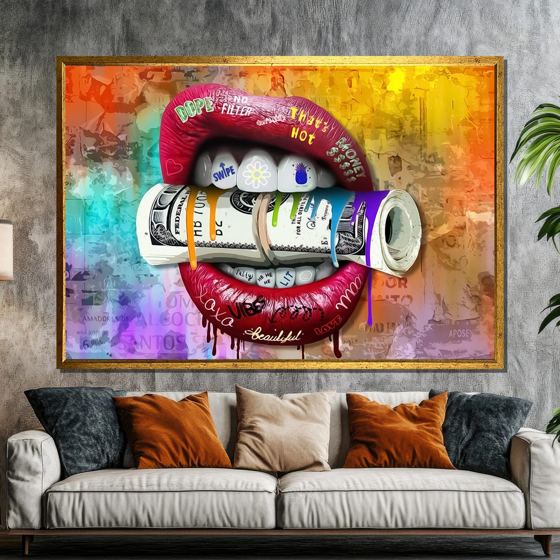 Red Lips Biting Money Roll Dope No Filter Pop Art Style Poster