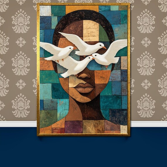 Surreal African Woman Portrait Painting Gift White Doves Over Colorful Mosaic Unique Wall Art For Home Decor And Artistic Gifts