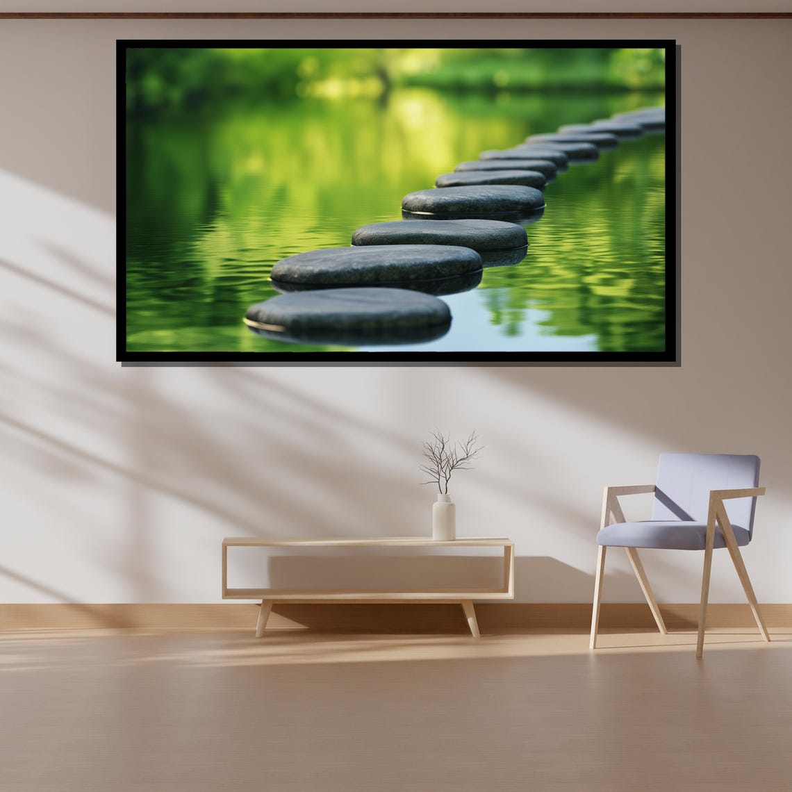Stepping Stones Crossing a Calm Green Pond in Zen Art Poster - Image 4