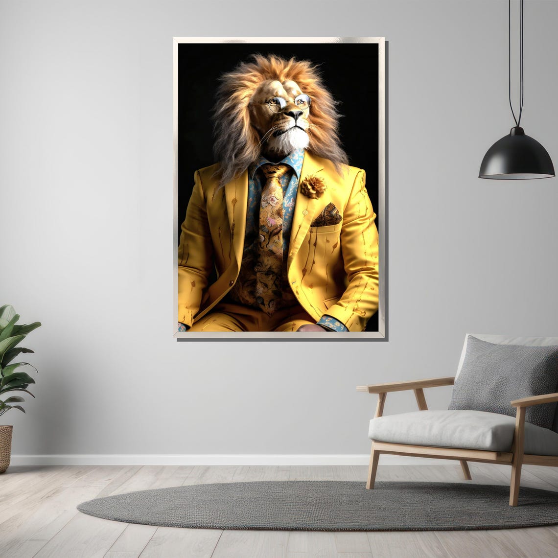 Dapper Lion in Yellow Suit Glasses Humorous Animal Art Poster - Image 3