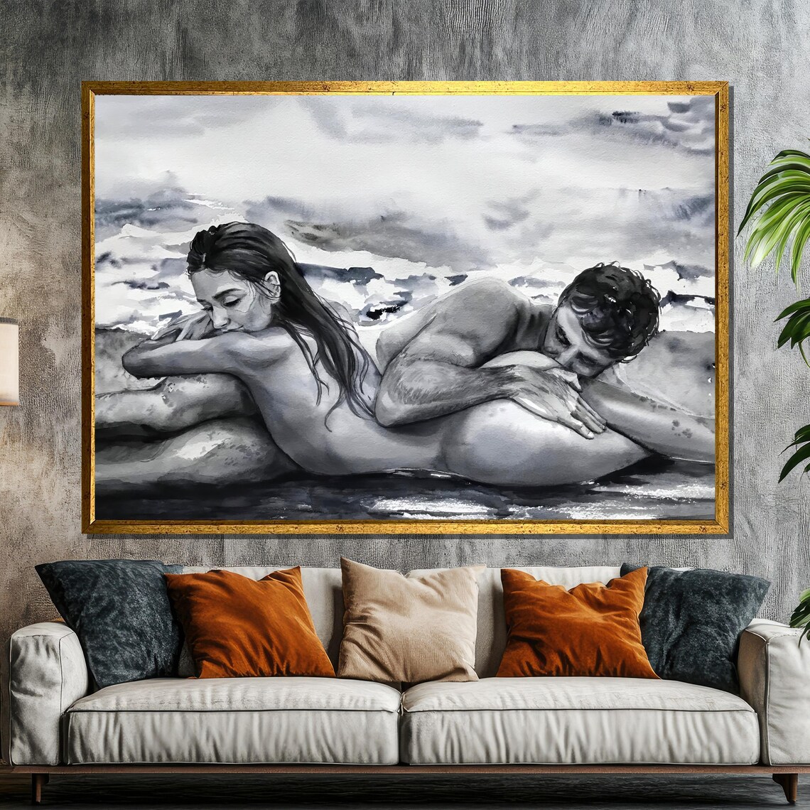 Black And White Couple Resting By The Ocean Shore Watercolor Poster