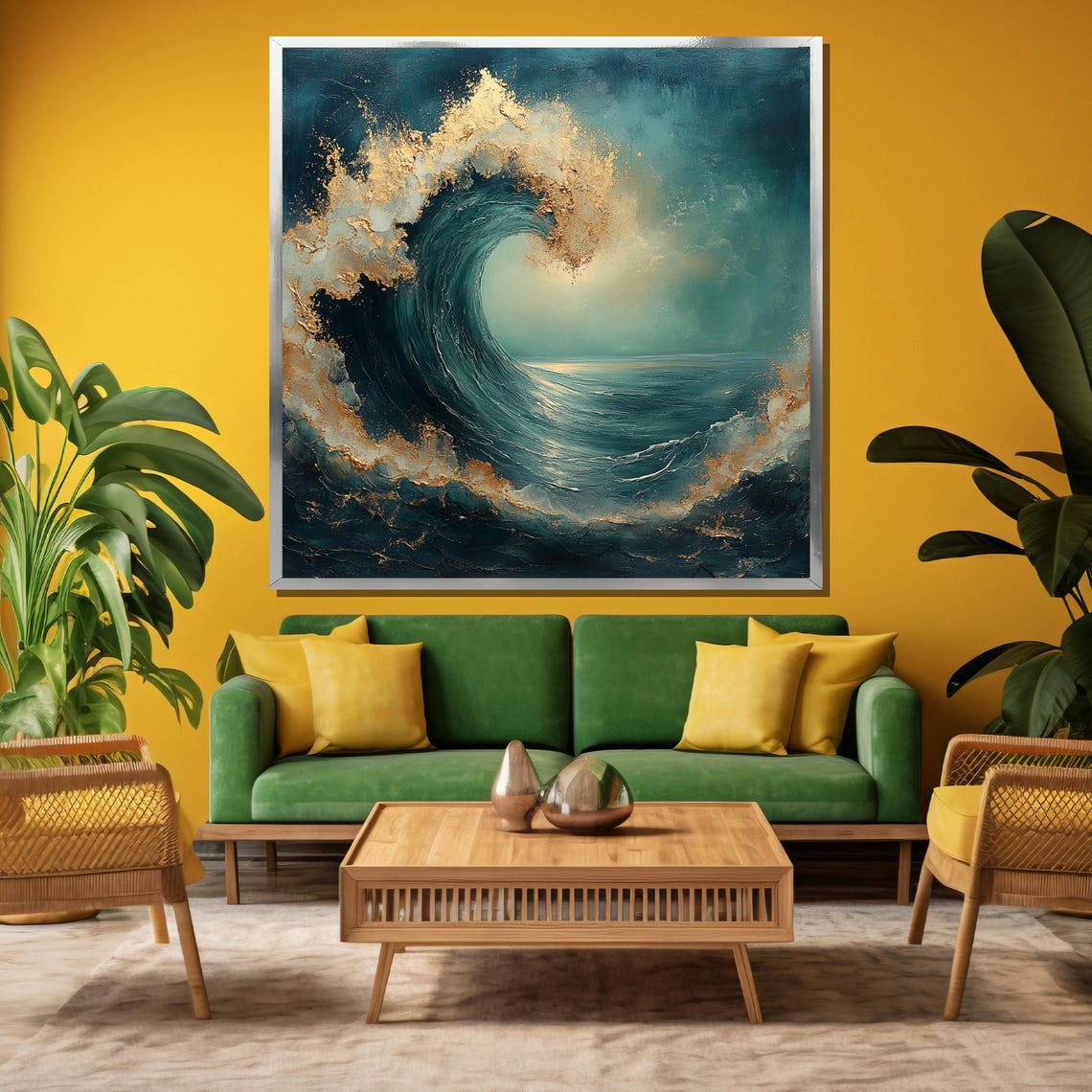 Teal Ocean Wave With Gold Spray Dramatic Coastal Wave Poster - Image 4