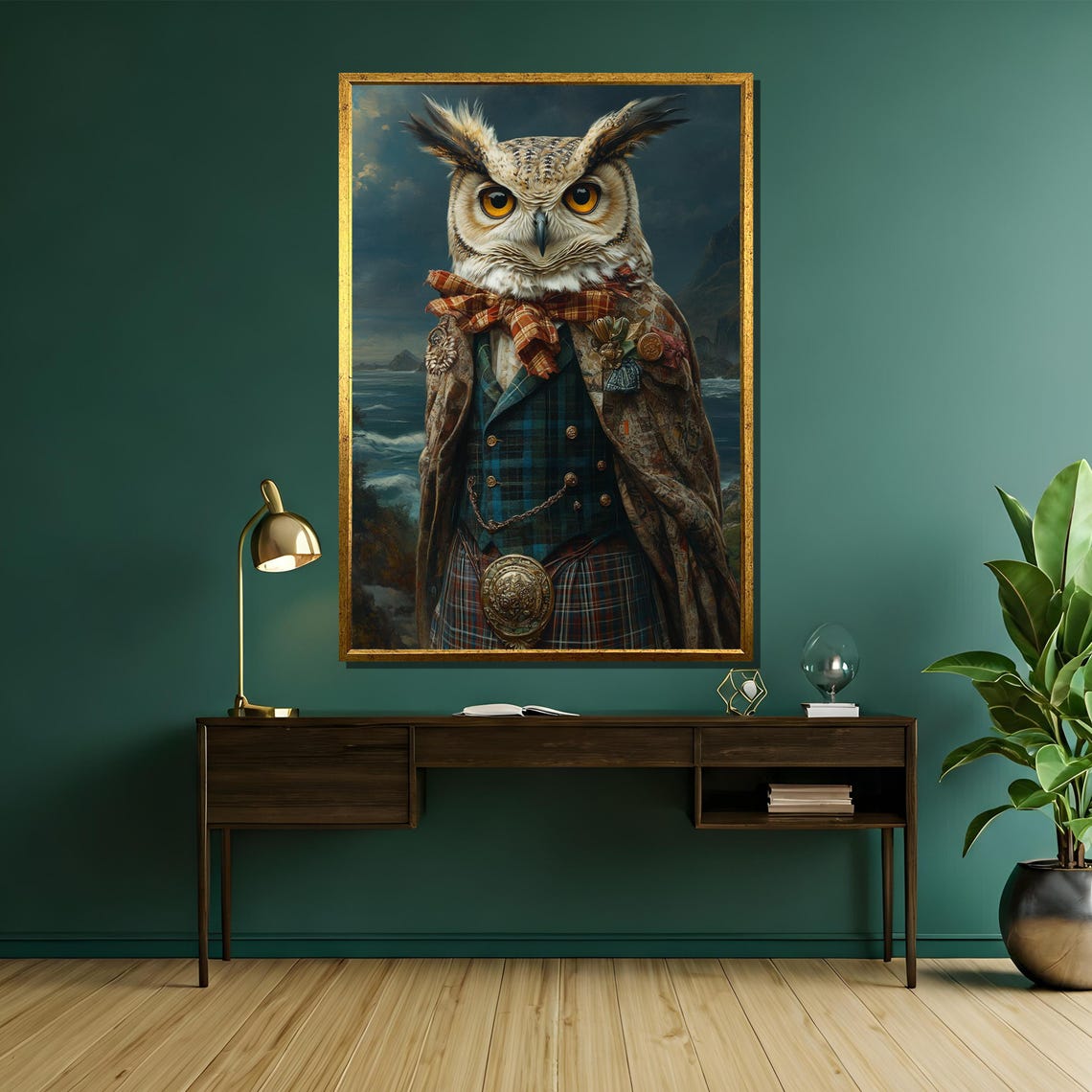Scottish Owl in Tartan Kilt by the Coastline Portrait Poster - Image 5