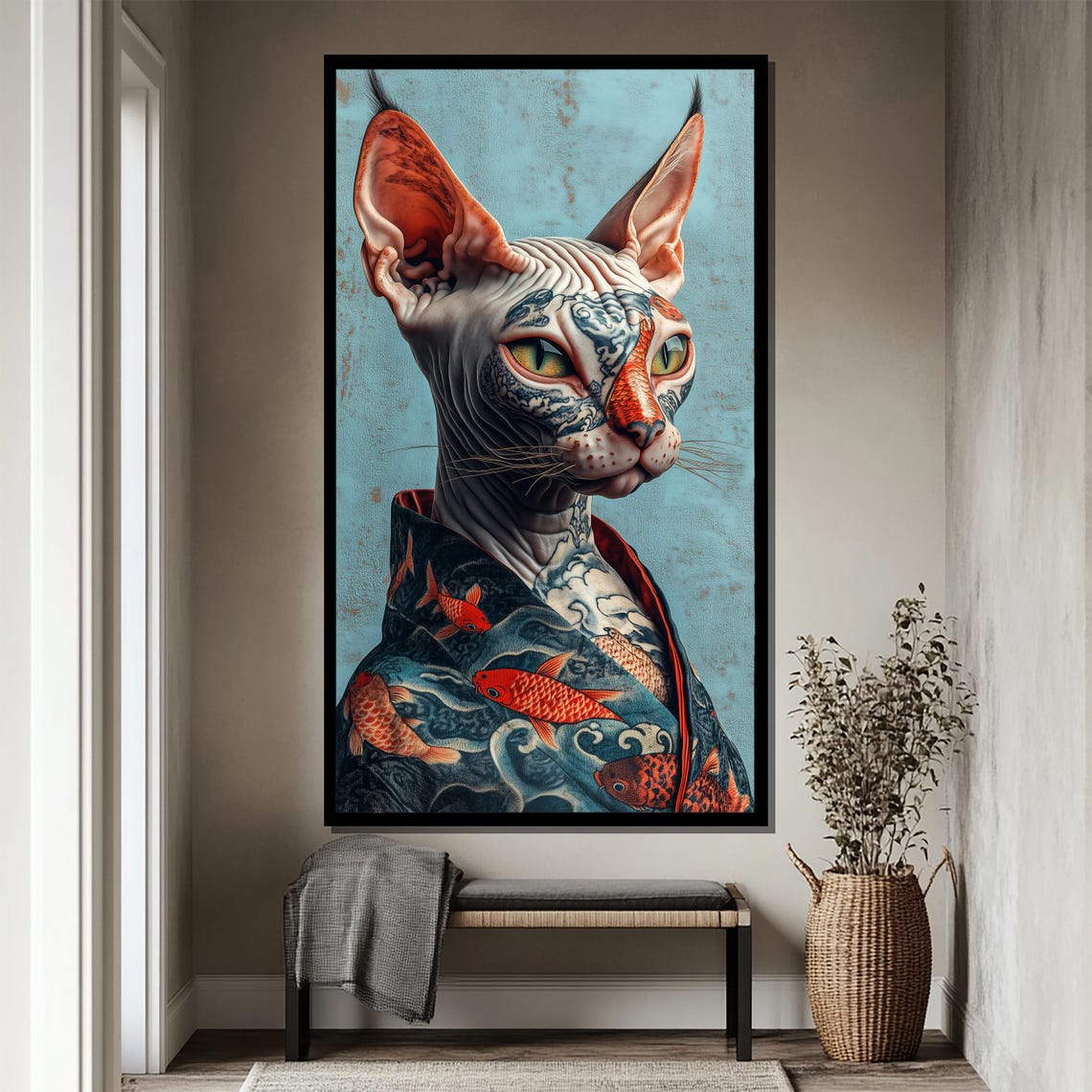 Inked Elegance Tattooed Sphynx Cat in Koi Fish Kimono Art Poster - Image 4