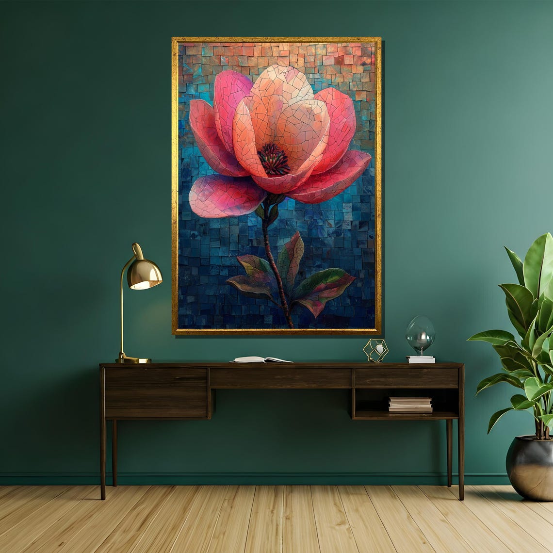 Mosaic Pink Magnolia Bloom Stained Glass Style Flower Art Poster - Image 5