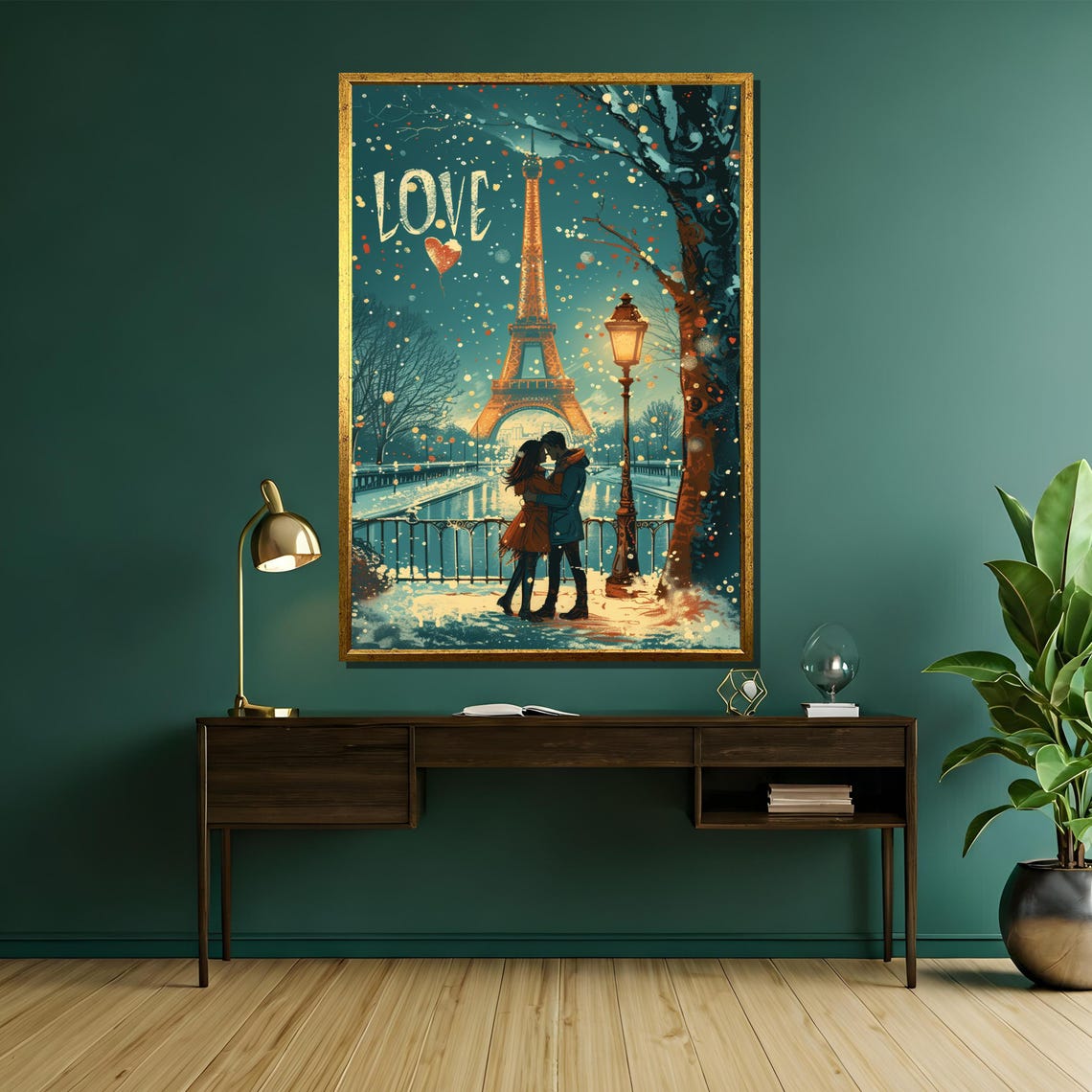 Winter Paris Eiffel Tower With Kissing Couple In Love Art Poster - Image 5