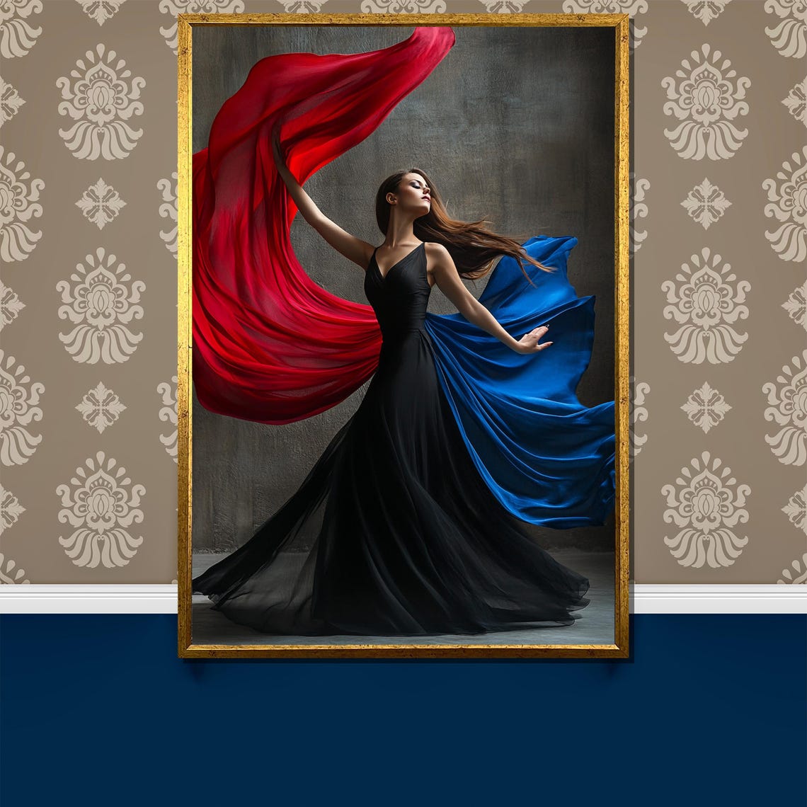 Dancer in Black Dress with Flowing Red Blue Silk Fabric Art Poster