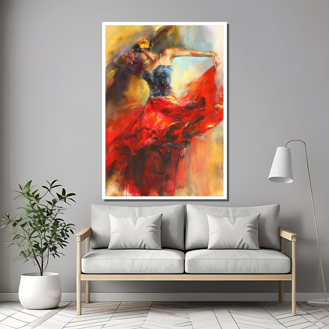 Flamenco Dancer in Blue Bodice Swirling Red Skirt Art Poster - Image 2