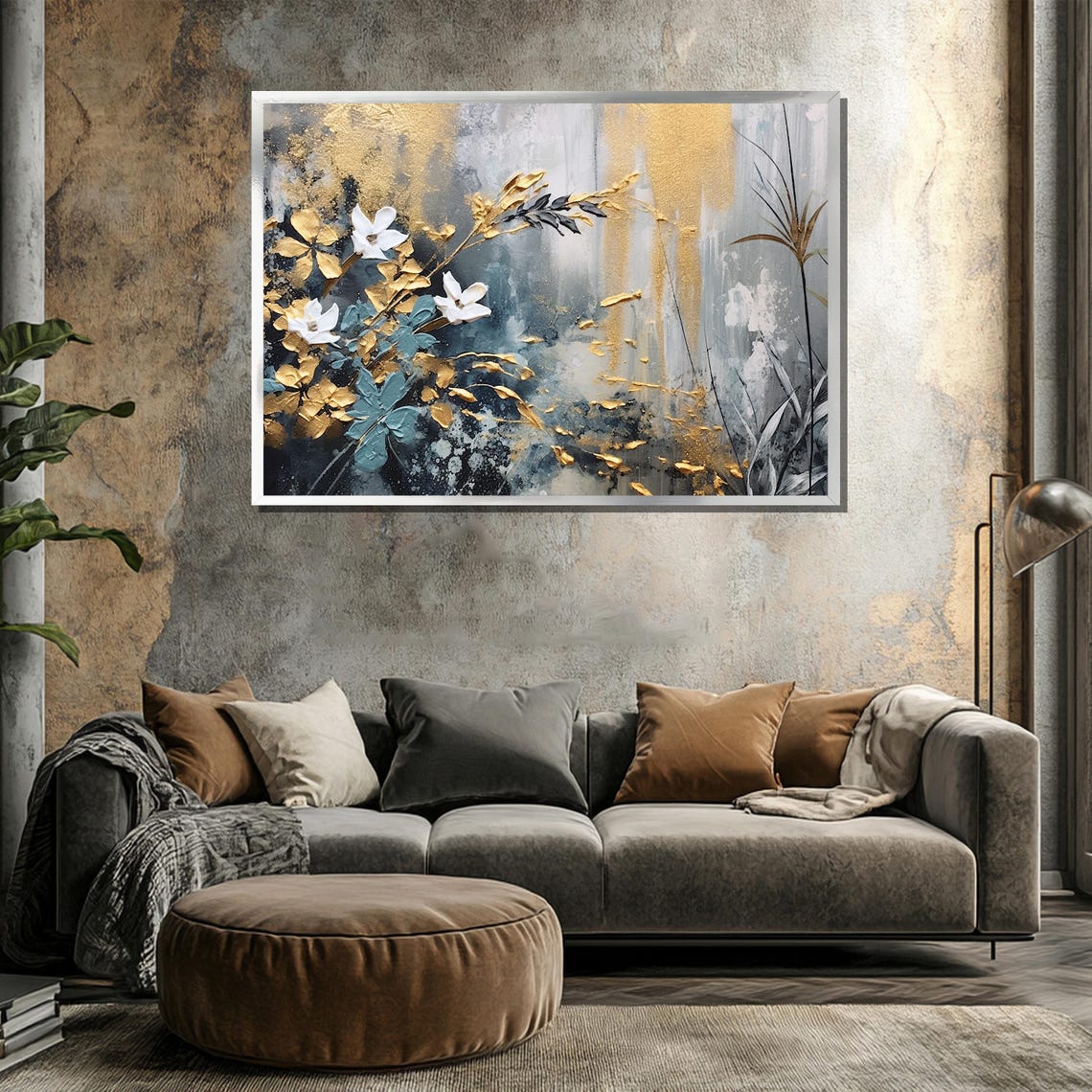 Abstract White Blossom and Gold Leaf Painting on Midnight Blue Poster - Image 3