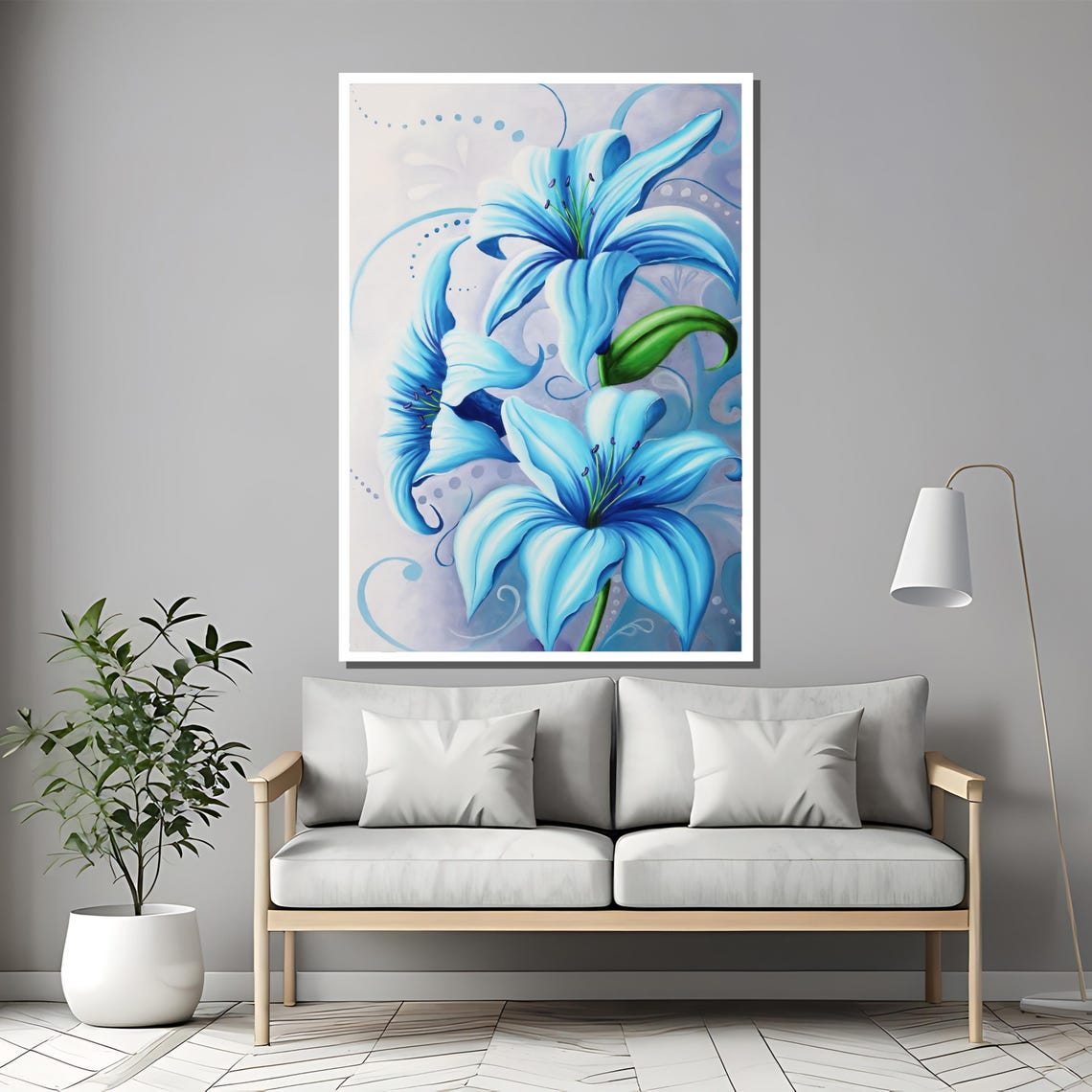 Elegant Blue Lily Stylized Floral Swirl Light Blue Art Poster - Image 2