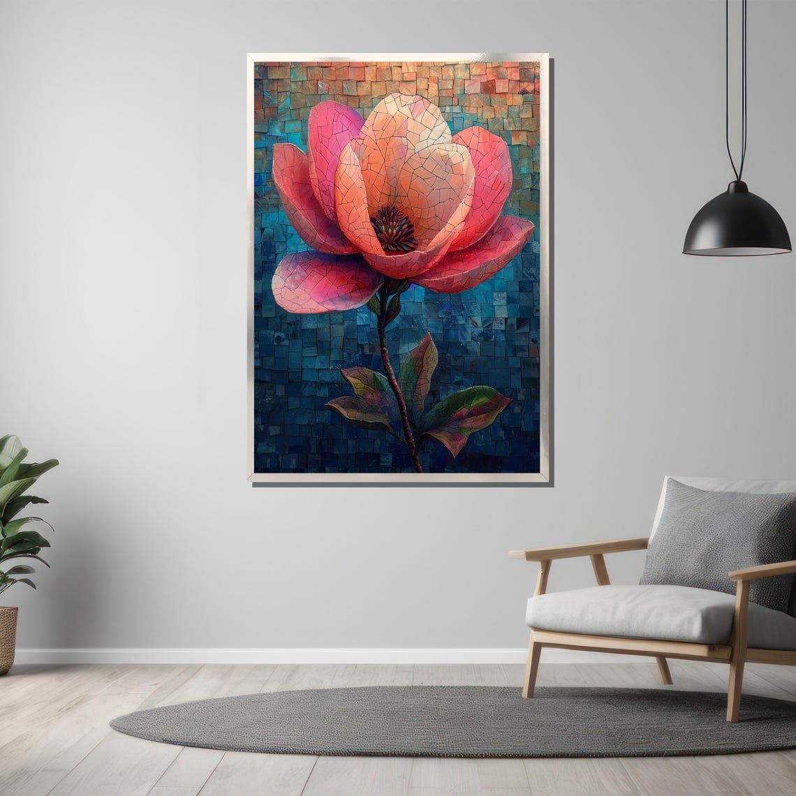 Mosaic Pink Magnolia Bloom Stained Glass Style Flower Art Poster - Image 3