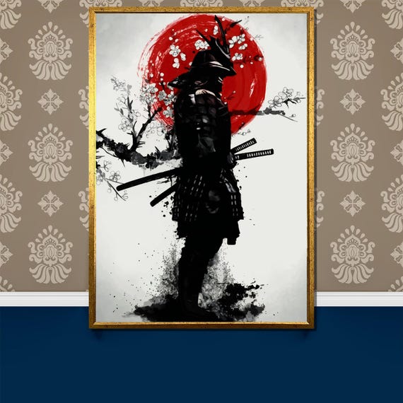 Samurai Painting Gift Japanese Warrior With Cherry Blossom And Rising Sun Bold Asian Inspired Wall Art For Home Decor