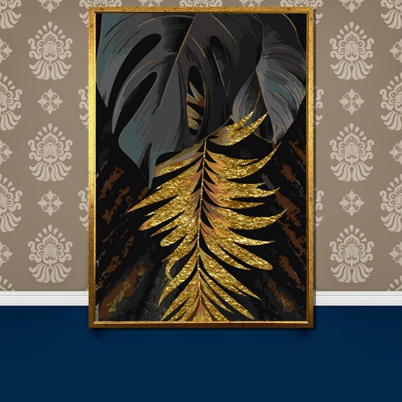 Black And Gold Tropical Leaf Painting Gift Modern Botanical Wall Art Luxury Leaf Decor Painting For Home Interiors