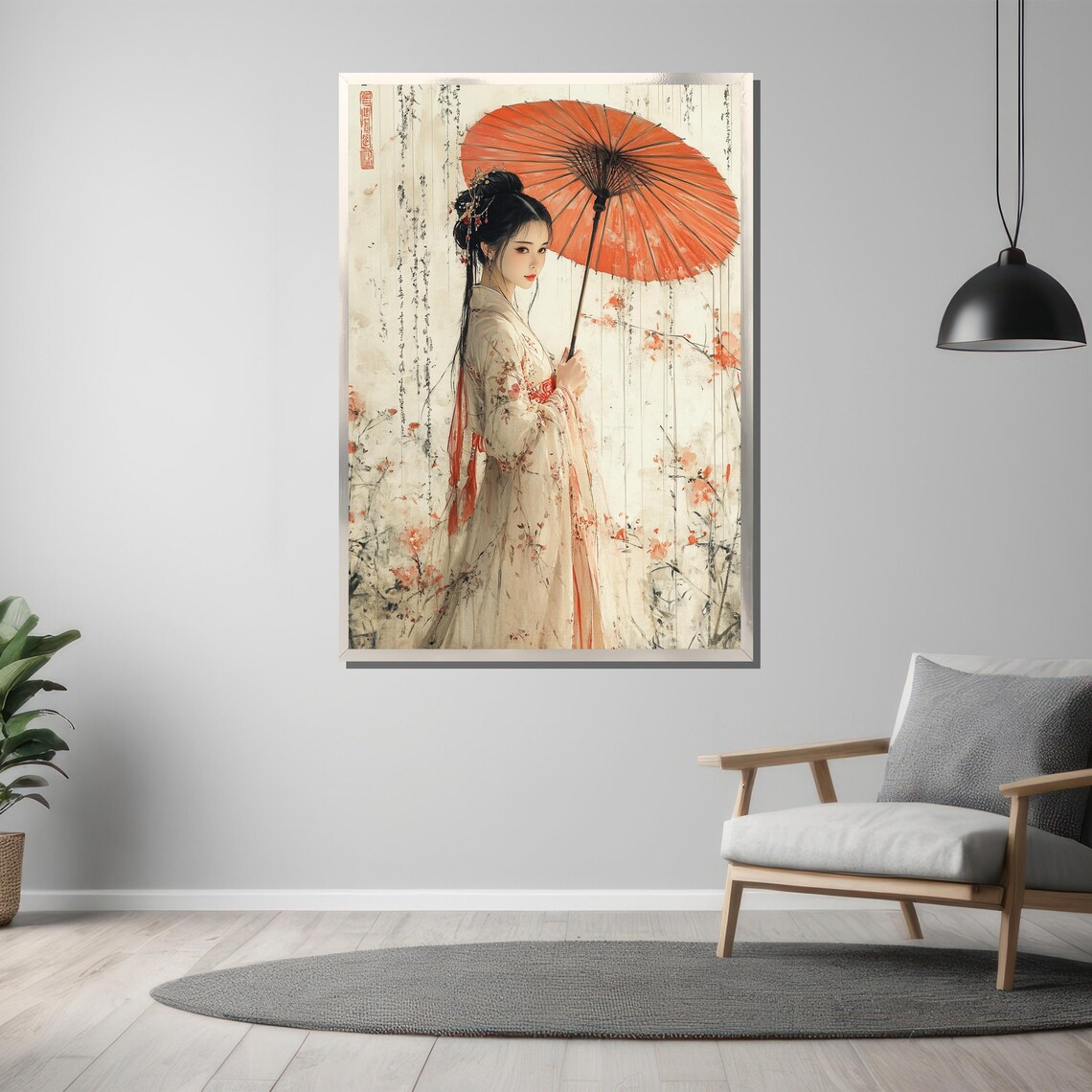 Graceful Asian Woman With Red Parasol Delicate Ink Floral Art Poster - Image 3