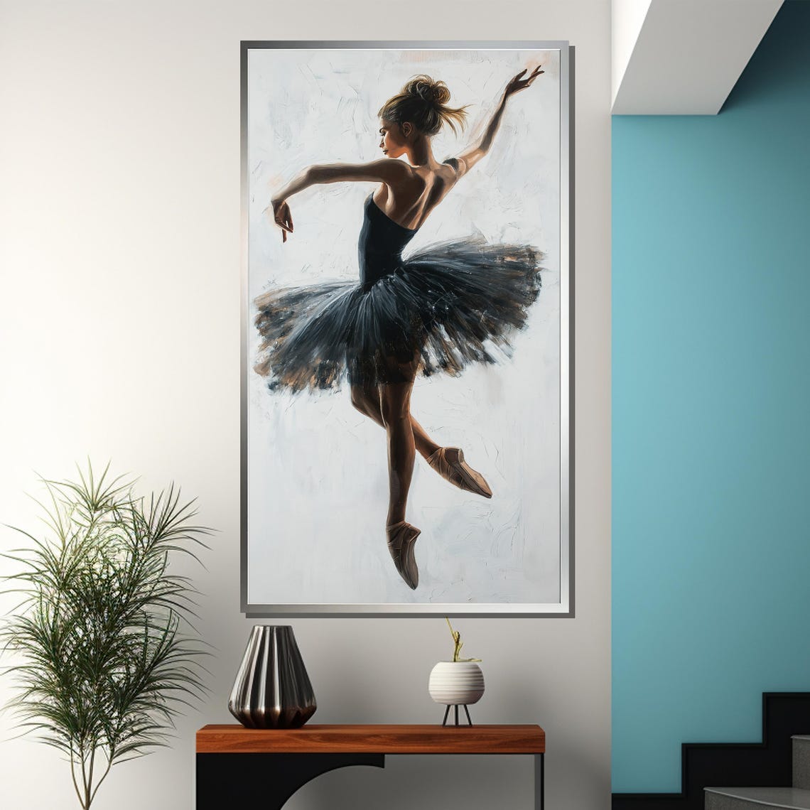 Ballerina In Black Tutu Mid Leap White Background Art Poster - Image 3