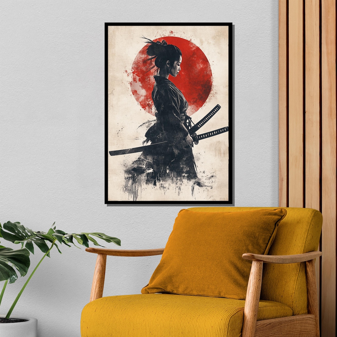 Samurai Woman Art Print, Bold Red Sun Circle - Image 4