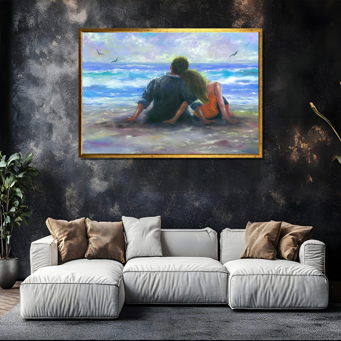 Couple Sitting On The Beach Watching Ocean Waves And Seagulls Poster - Image 5