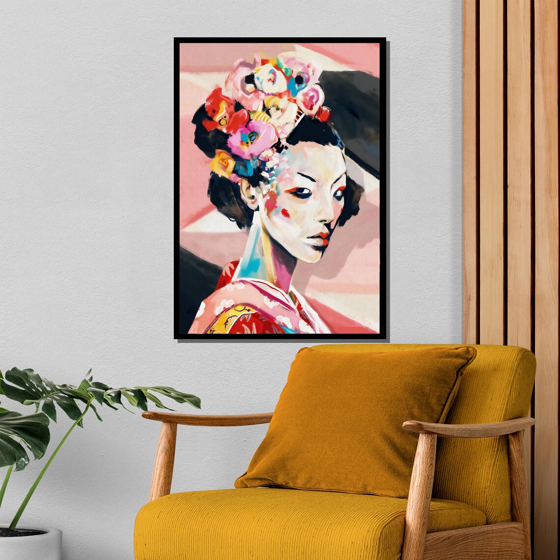 Modern Geisha With Flower Hair Pink Kimono Painterly Art Poster - Image 4