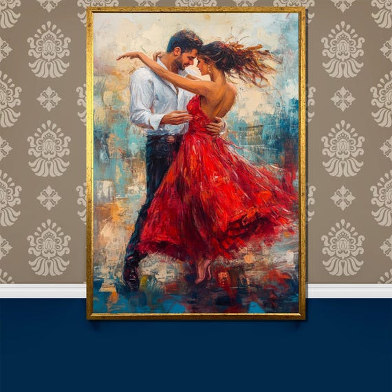 Romantic Dance Painting Elegant Couple In Red Dress Expressive Wall Art Gift For Lovers Modern Living Room Decor