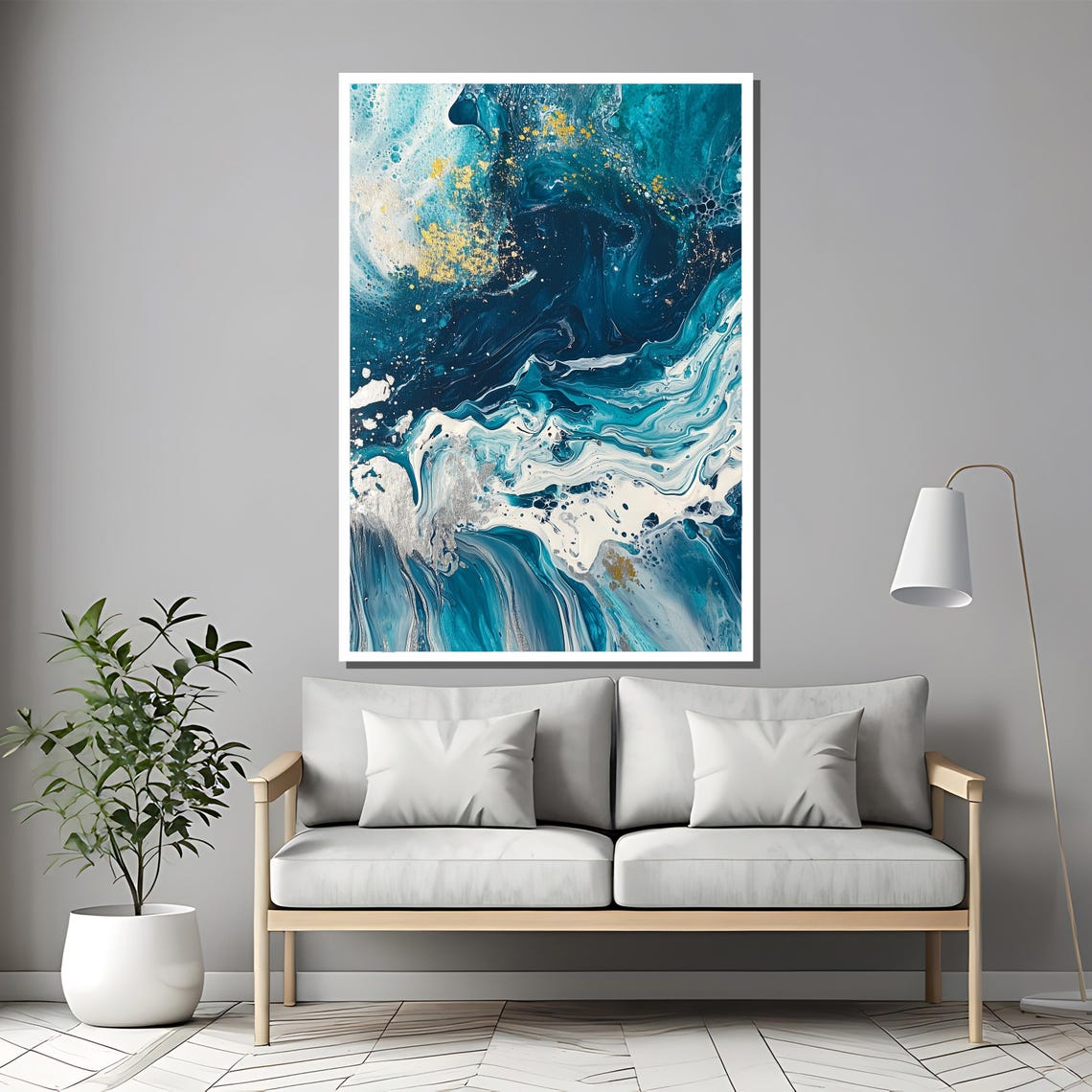 Deep Ocean Blue and Gold Fluid Marble Art Abstract Waves Poster - Image 2