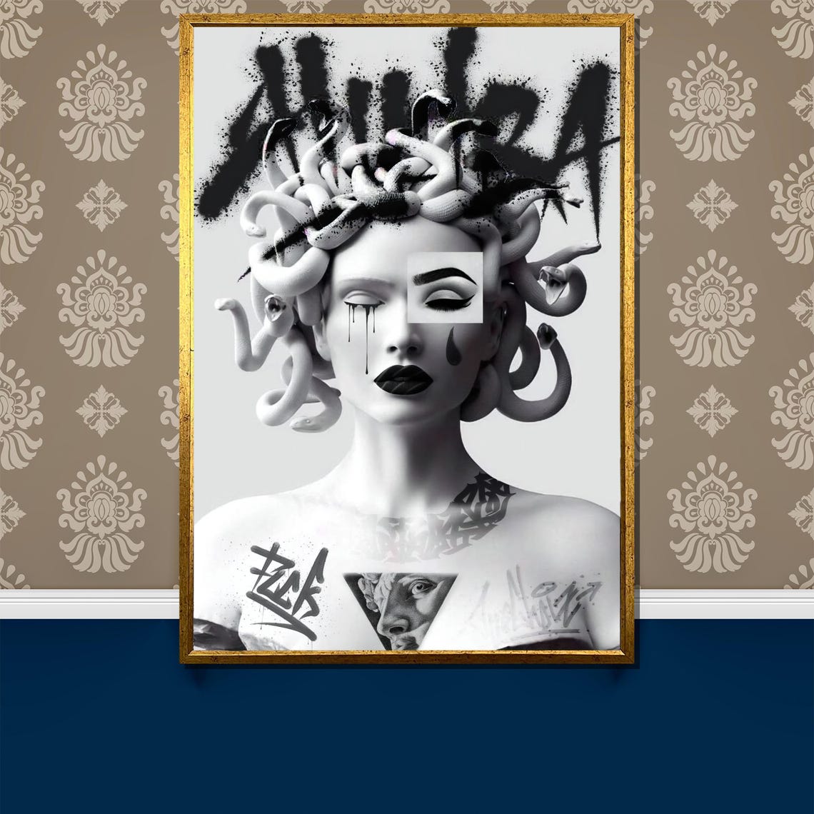 Medusa Painting Bold Black And White Graffiti Art Gift For Modern Home Decor And Unique Statement Wall Art