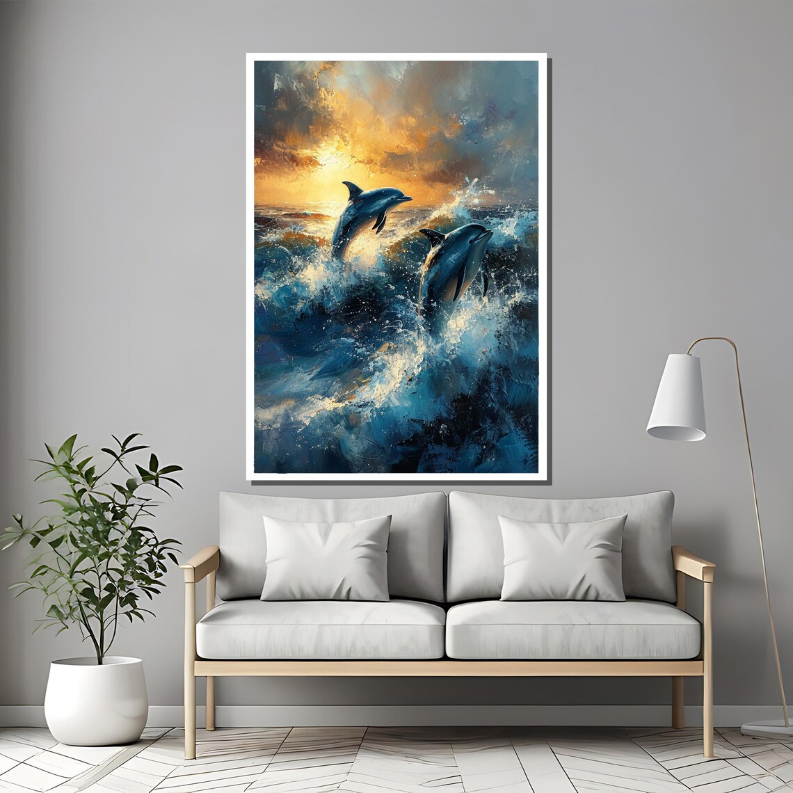 Two Dolphins Leaping Through Ocean Waves at Sunset Wildlife Painting Poster - Image 2
