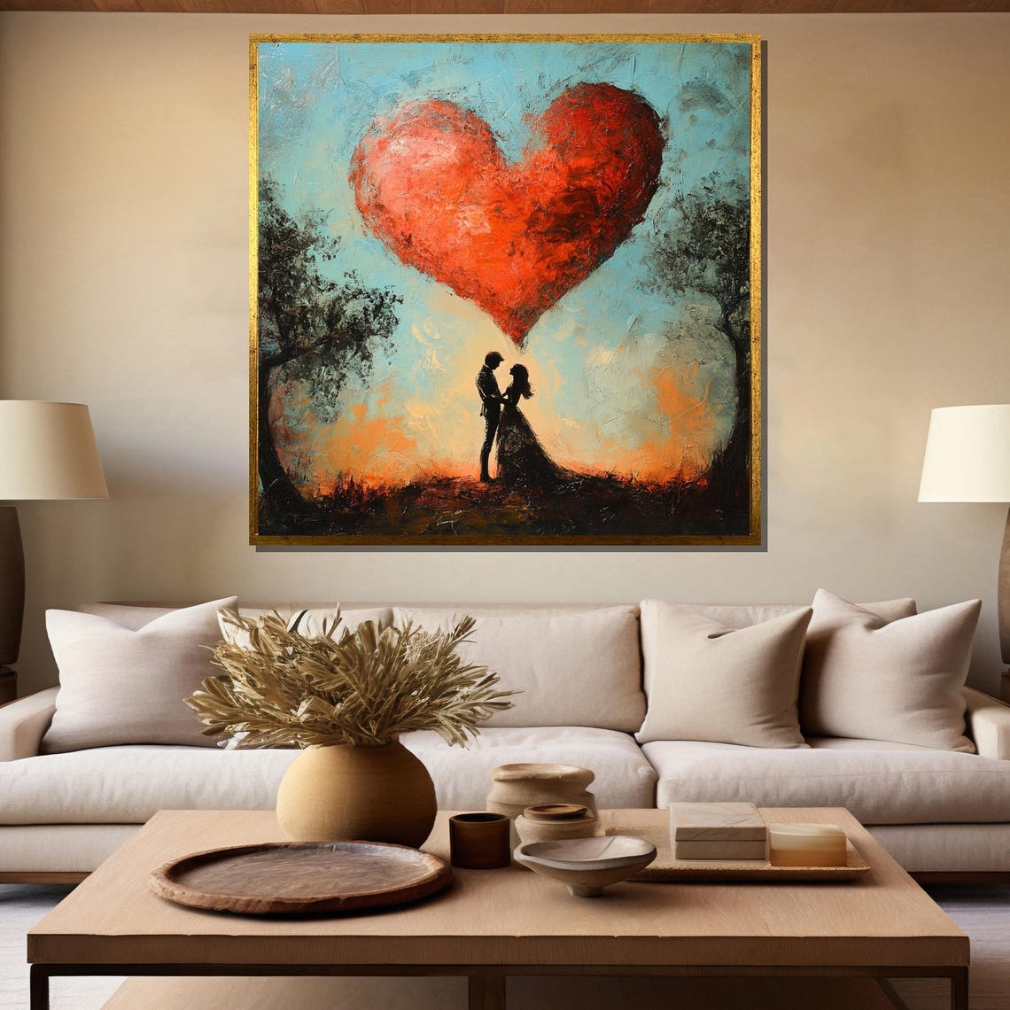 Couple Silhouette Under Giant Red Heart Romantic Love Art Poster - Image 5