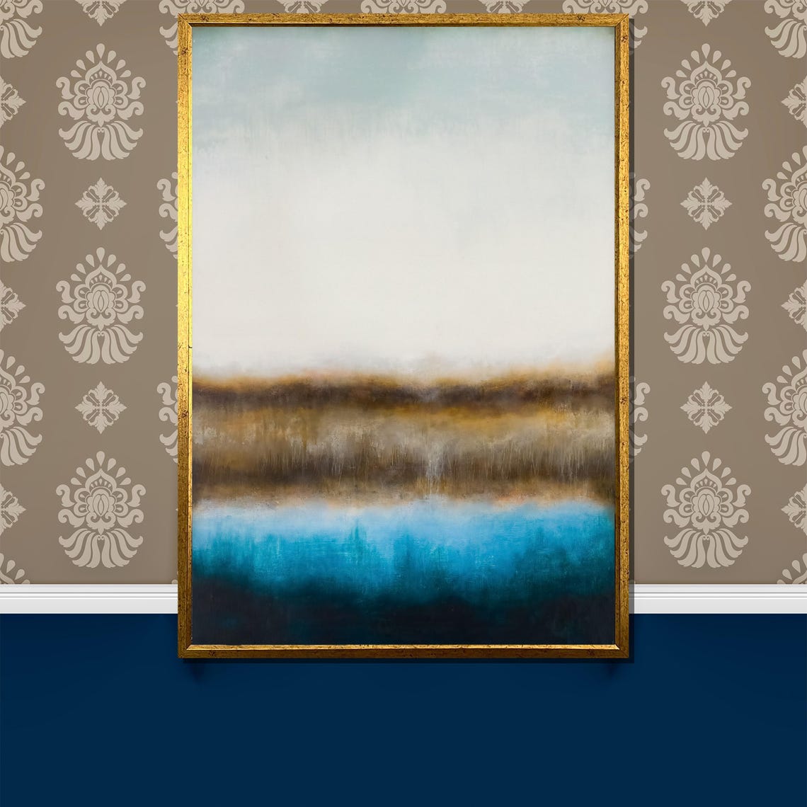 Deep Teal and Bronze Abstract Horizon Tranquil Seascape Poster