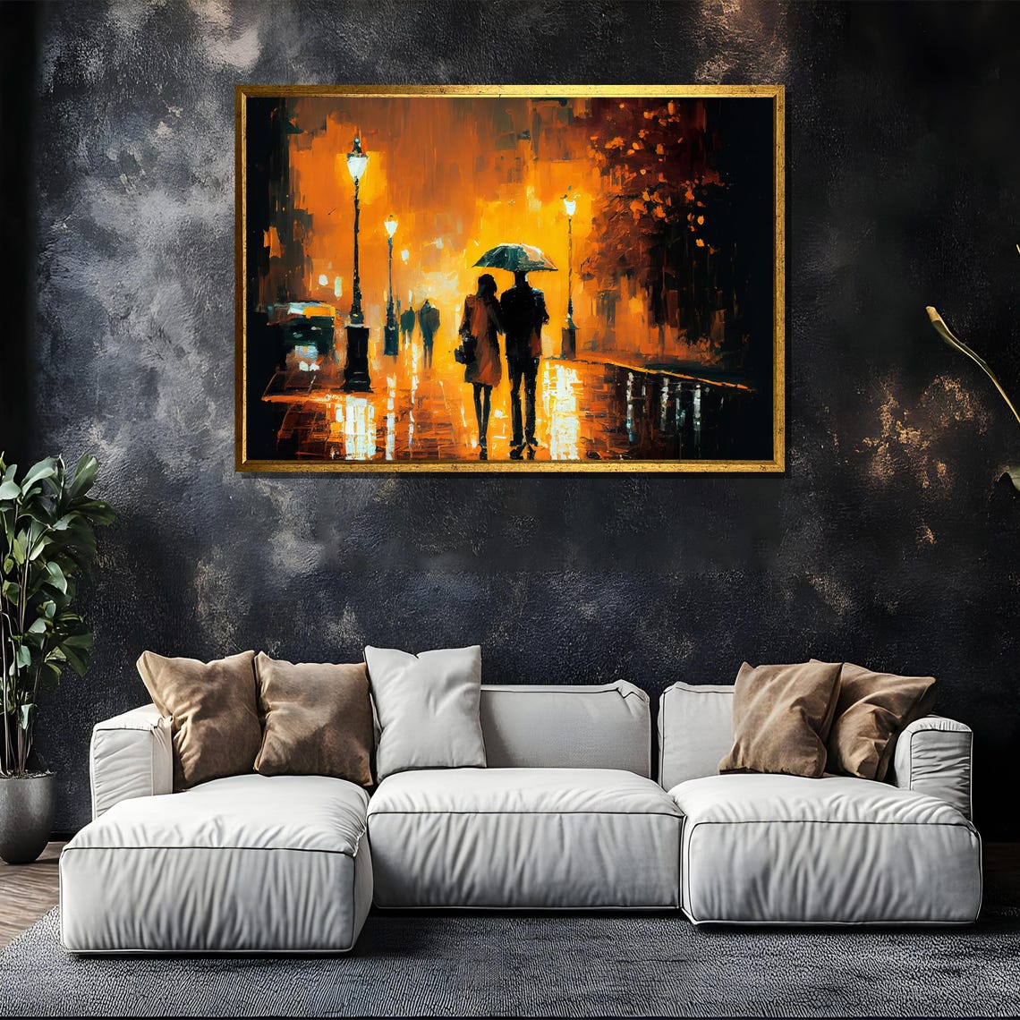 Rainy Night Romance Couple Under Umbrella Warm Golden Art Poster - Image 5