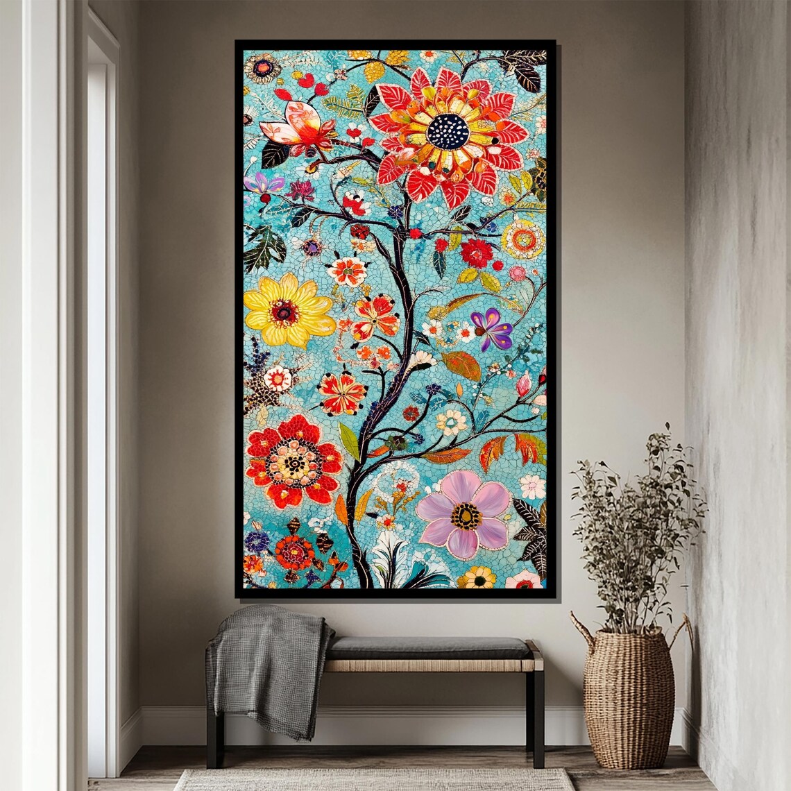 Colorful Floral Tree of Life Mosaic Painting on Turquoise Art Poster - Image 4
