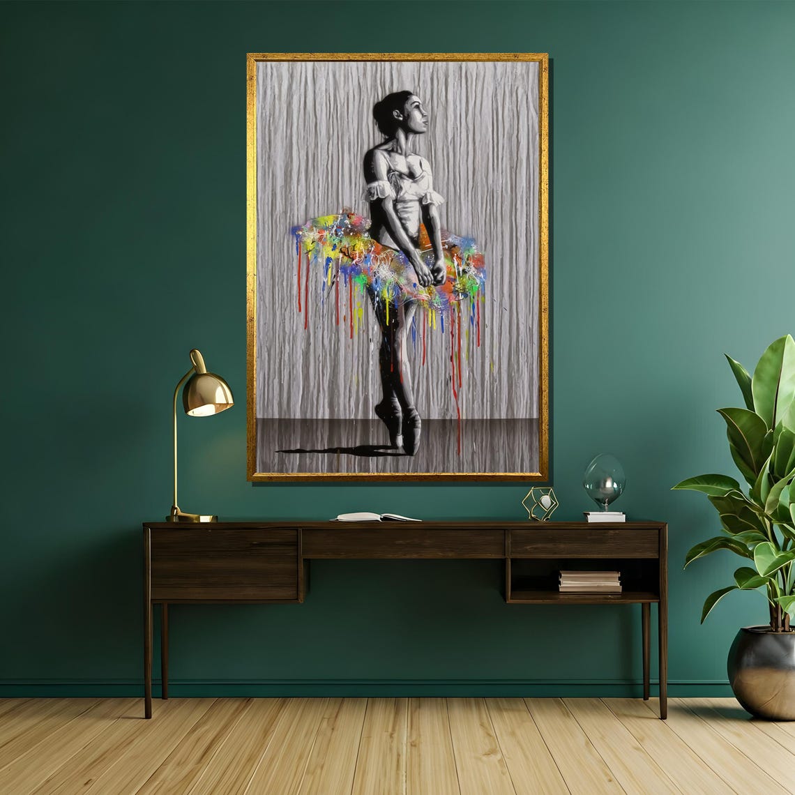 Monochrome Ballerina Dripping Paint Tutu Grey Background Poster - Image 5