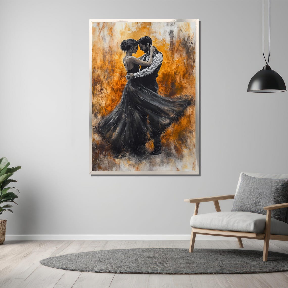 Couple Dancing Embrace Black Gown Fiery Orange Painting Poster - Image 3