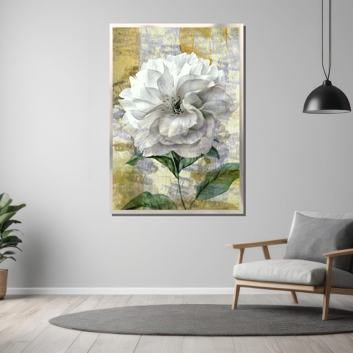 Elegant White Rose Green Leaves Gold Distressed Vintage Poster - Image 3