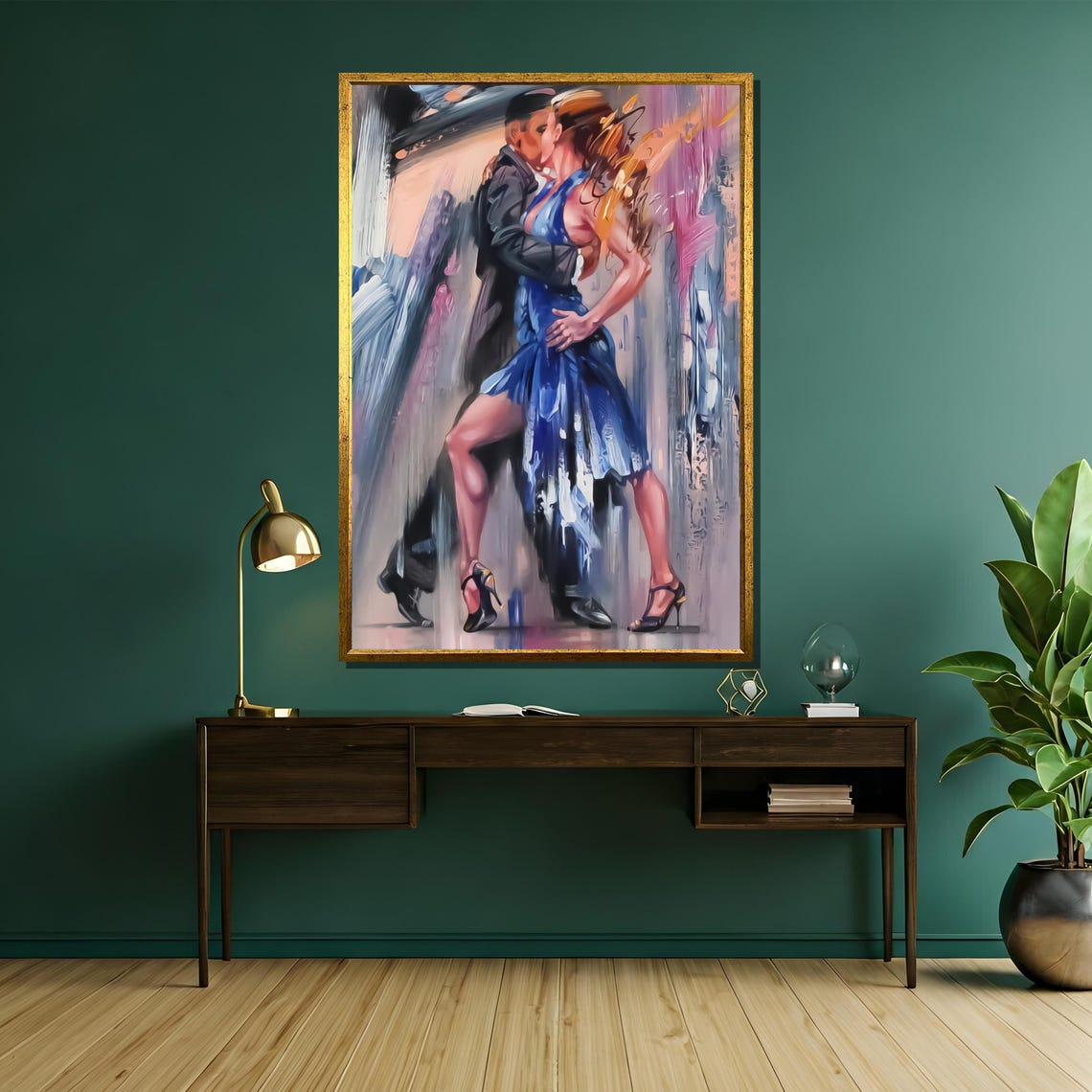 Lively Tango Couple in Blue Ruffled Dress Grey Haze Art Poster - Image 5