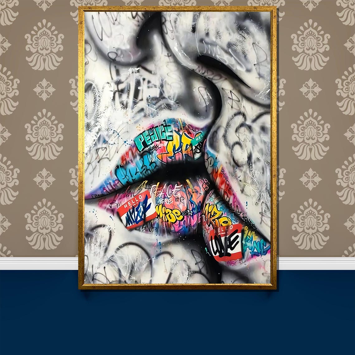 Graffiti Lips Sticker Bomb Urban Street Art Bold Elegant Poster