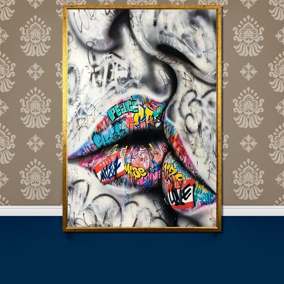 Graffiti Lips Painting Bold Wall Art Gift Unique Urban Street Art Decor For Vibrant And Edgy Home Interiors