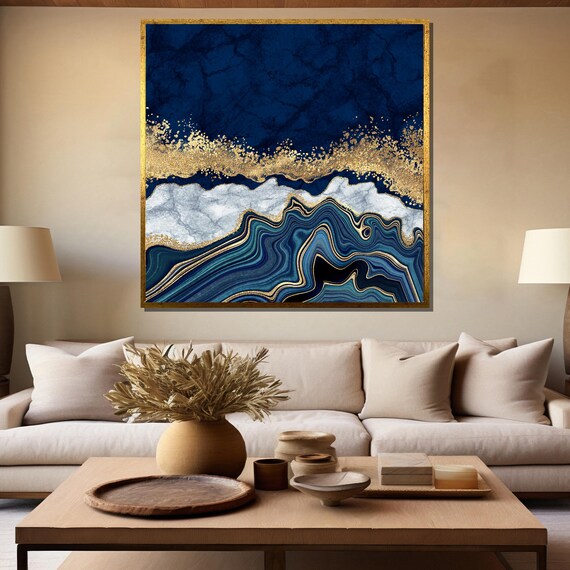 Luxury Blue And Gold Abstract Painting Contemporary Art Gift For Modern Home And Office Decor Elegant Wall Accent