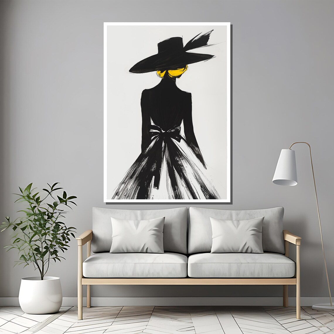 Fashion Lady in Black Dress and Wide Hat Silhouette on White Poster - Image 2