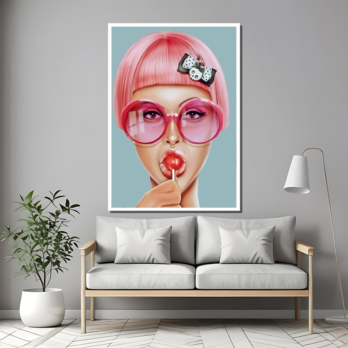 Pink Bob Wig Sunglasses Lollipop Bow Pop Art Girl Fun Poster - Image 2