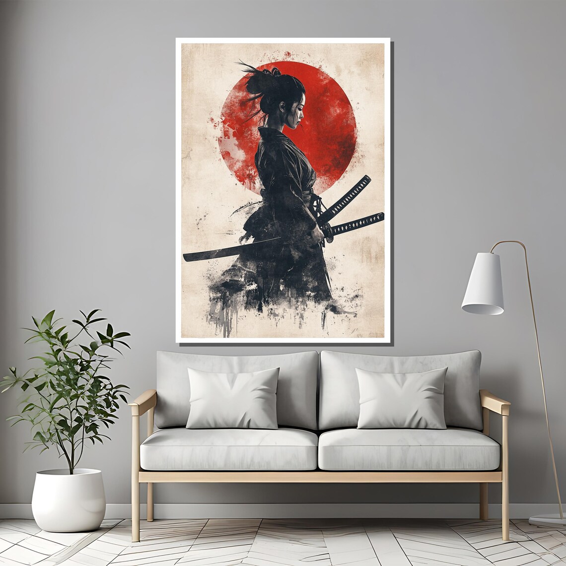 Samurai Woman Art Print, Bold Red Sun Circle - Image 2