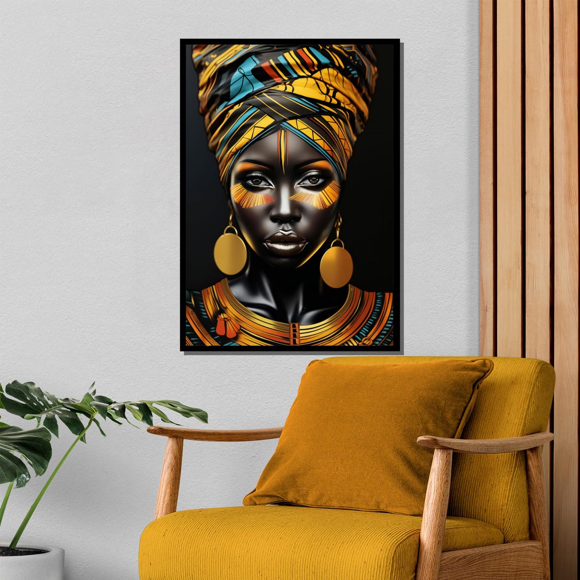 Bold African Queen In Yellow Patterned Headwrap Tribal Art Poster - Image 4