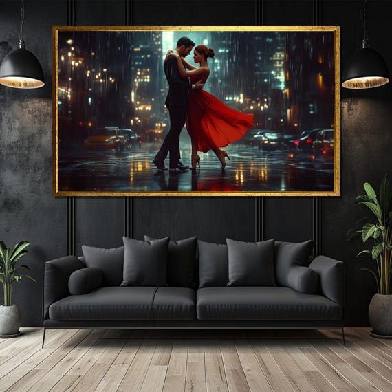 Romantic Dance Painting Elegant Couple In The Rain Passionate Wall Art Gift